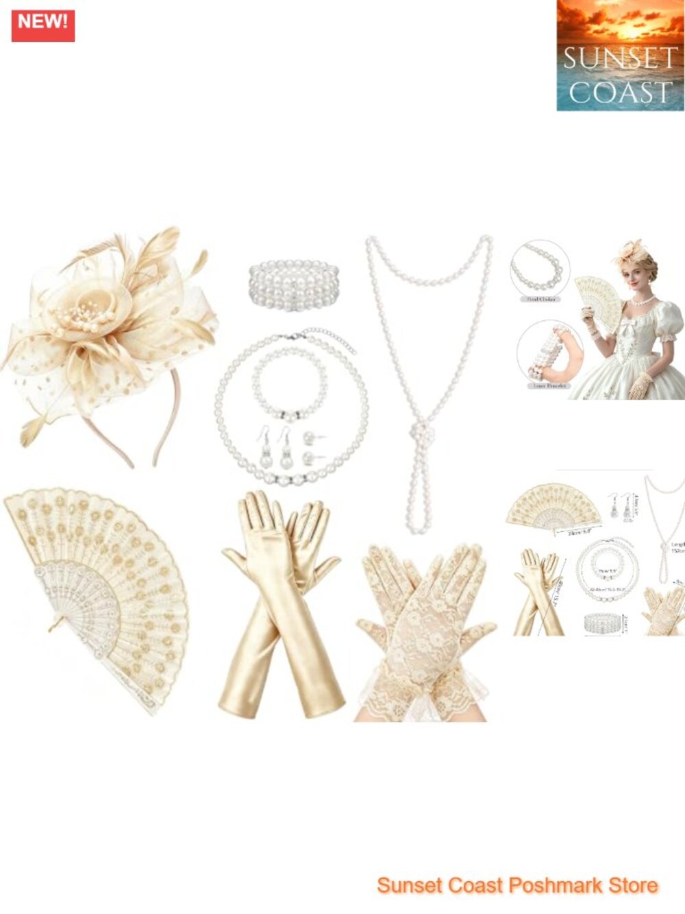 14pc Tea Party Accessories Set Fascinator Hat Lace Gloves Fan Pearl Jewelry